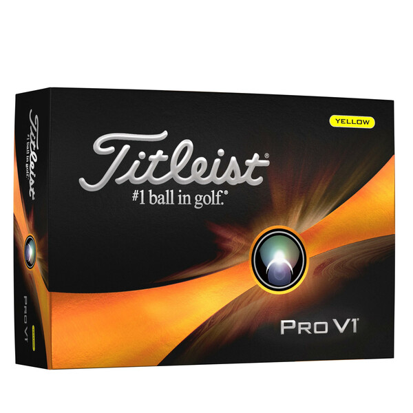 Gele Titleist ProV1 golfballen met logo, voorkant van de doos