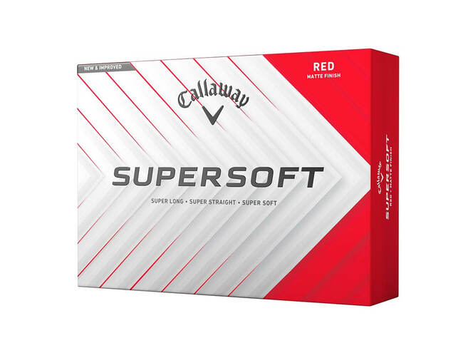 Rode Callaway Supersoft golfballen met logo, voorkant van de doos met de Callaway Supersoft ervoor
