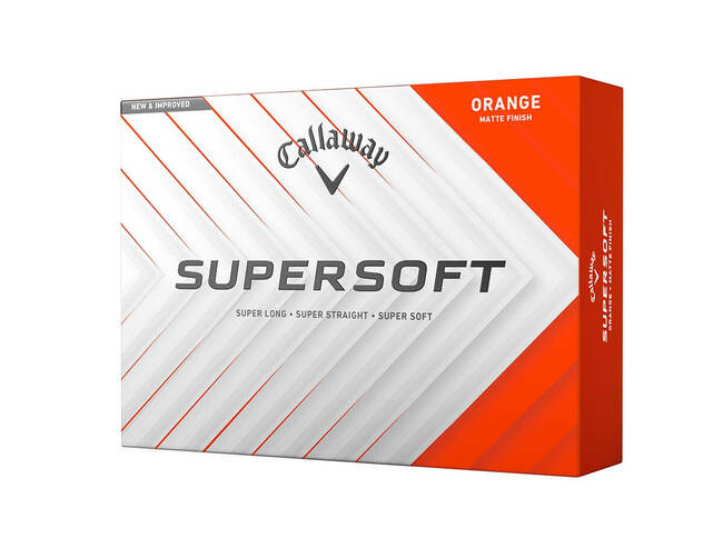 Oranje Callaway Supersoft golfballen met logo, voorkant van de doos met de Callaway Supersoft ervoor