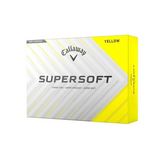 Gele Callaway Supersoft golfballen met logo, voorkant van de doos met de Callaway Supersoft ervoor