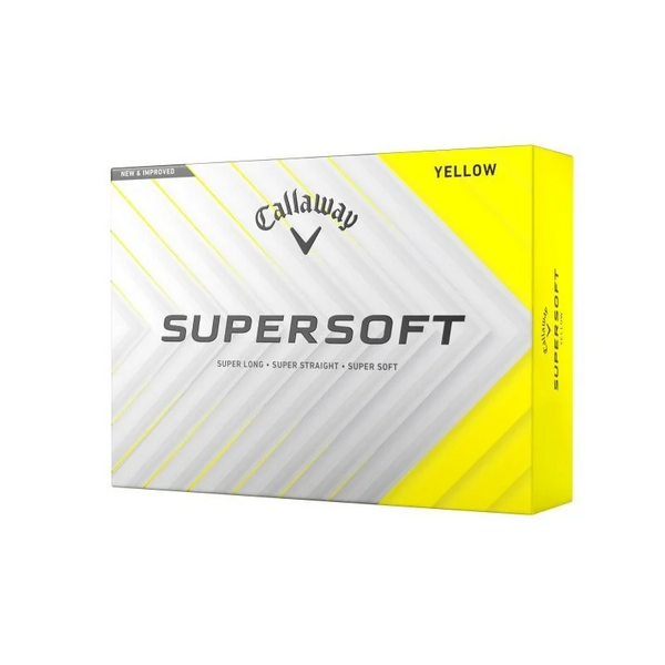 Gele Callaway Supersoft golfballen met logo, voorkant van de doos met de Callaway Supersoft ervoor