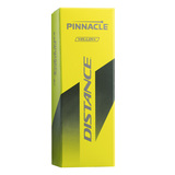 Gele Pinnacle Distance golfballen met logo, de golfballen zitten verpakt in een doosje van drie