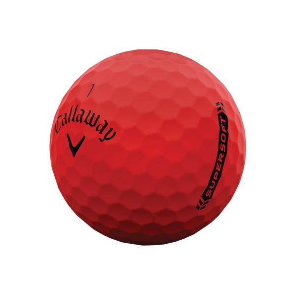 Rode Callaway Supersoft golfballen met logo, het logo van Callaway afgebeeld op de bal met het lijntje op de golfbal
